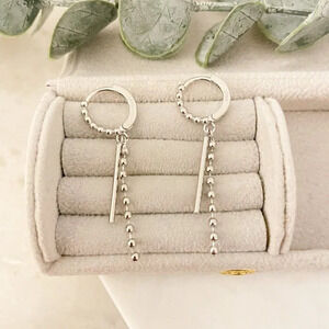 925 Sterling Silver Dangle Bar Bead Earrings Drop Huggie Earrings Hoop Earrings